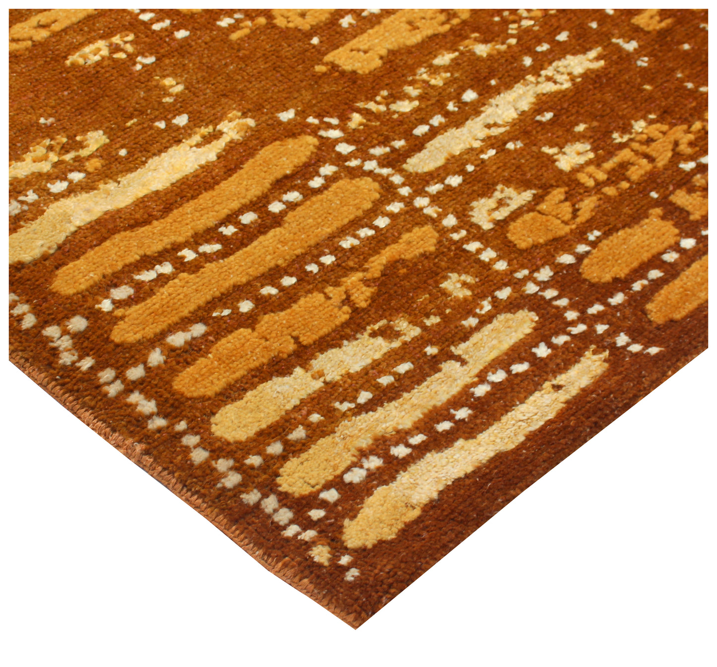 Gold Brown Beige Vintage Antique 8x10 Wool Viscose Area Rug - Hand Knotted Striped Abstract Distressed