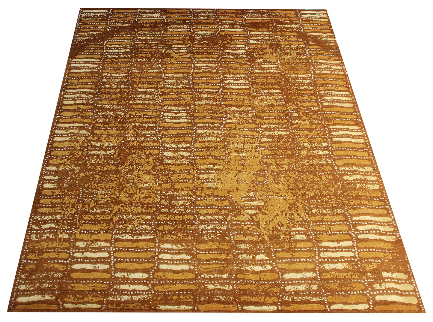 Gold Brown Beige Vintage Antique 8x10 Wool Viscose Area Rug - Hand Knotted Striped Abstract Distressed