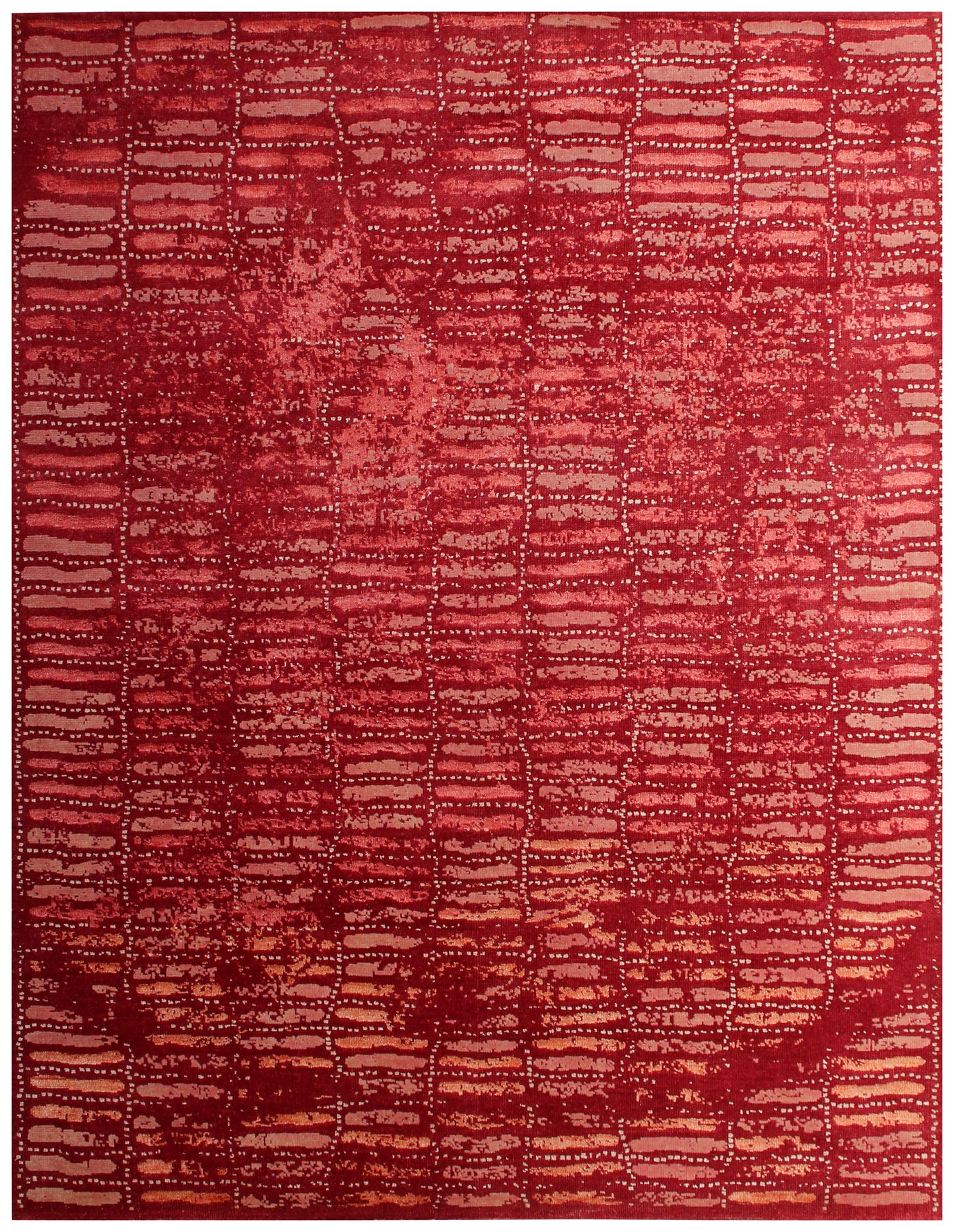 Striped Distressed Wool Viscose 8x10 Area Rug - Red Pink Rust Vintage Antique Hand Knotted Abstract