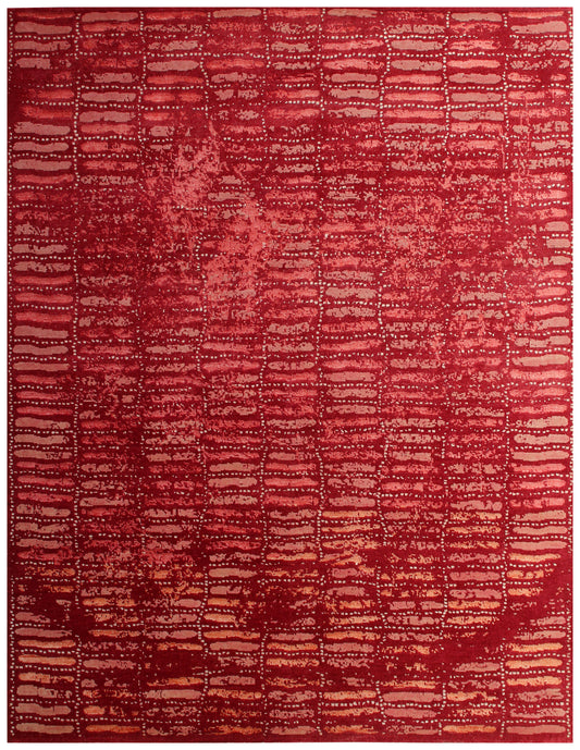 Striped Distressed Wool Viscose 8x10 Area Rug - Red Pink Rust Vintage Antique Hand Knotted Abstract