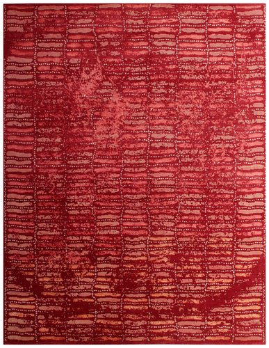 Striped Distressed Wool Viscose 8x10 Area Rug - Red Pink Rust Vintage Antique Hand Knotted Abstract