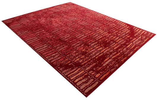 Striped Distressed Wool Viscose 8x10 Area Rug - Red Pink Rust Vintage Antique Hand Knotted Abstract