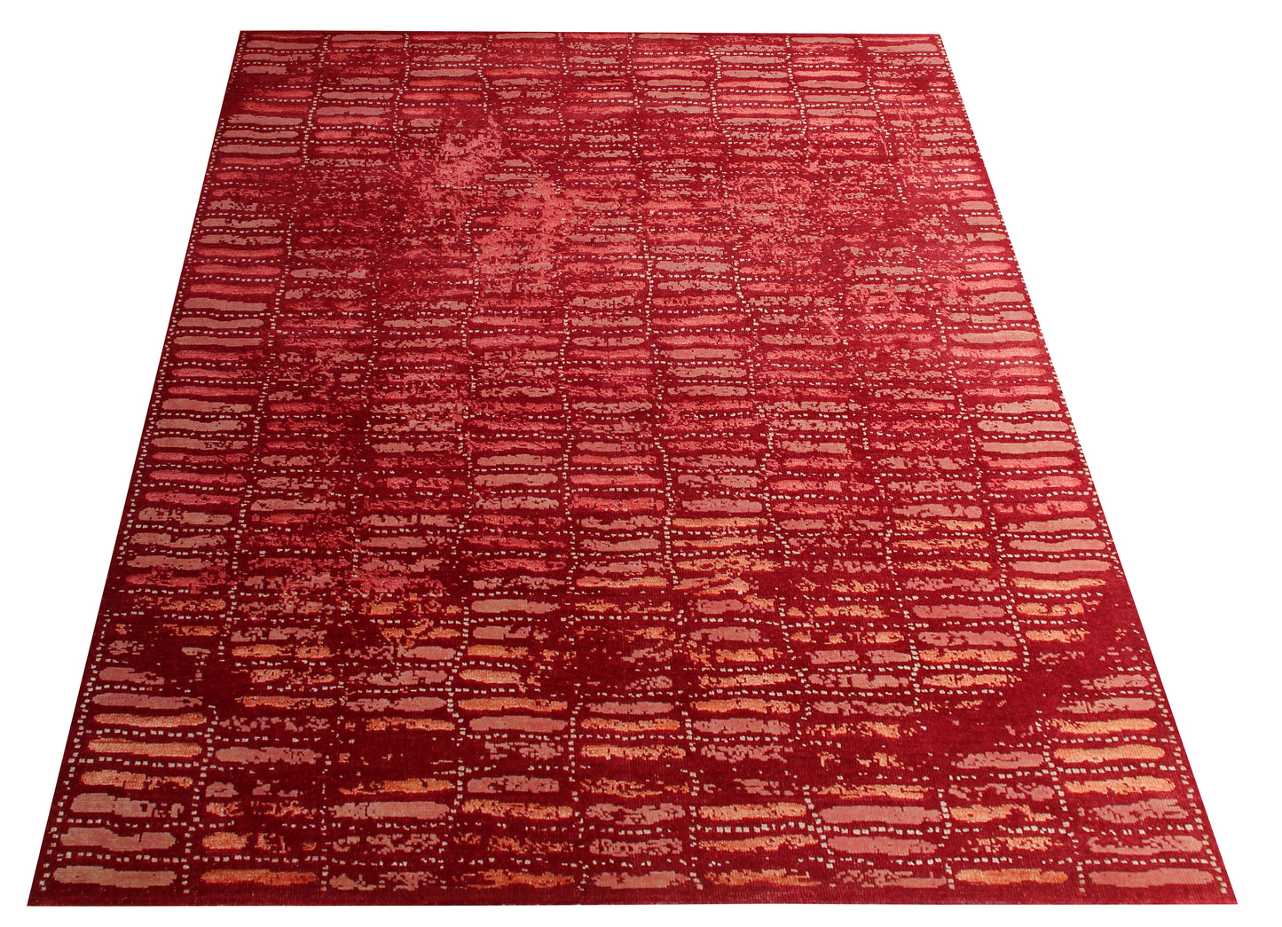 Striped Distressed Wool Viscose 8x10 Area Rug - Red Pink Rust Vintage Antique Hand Knotted Abstract