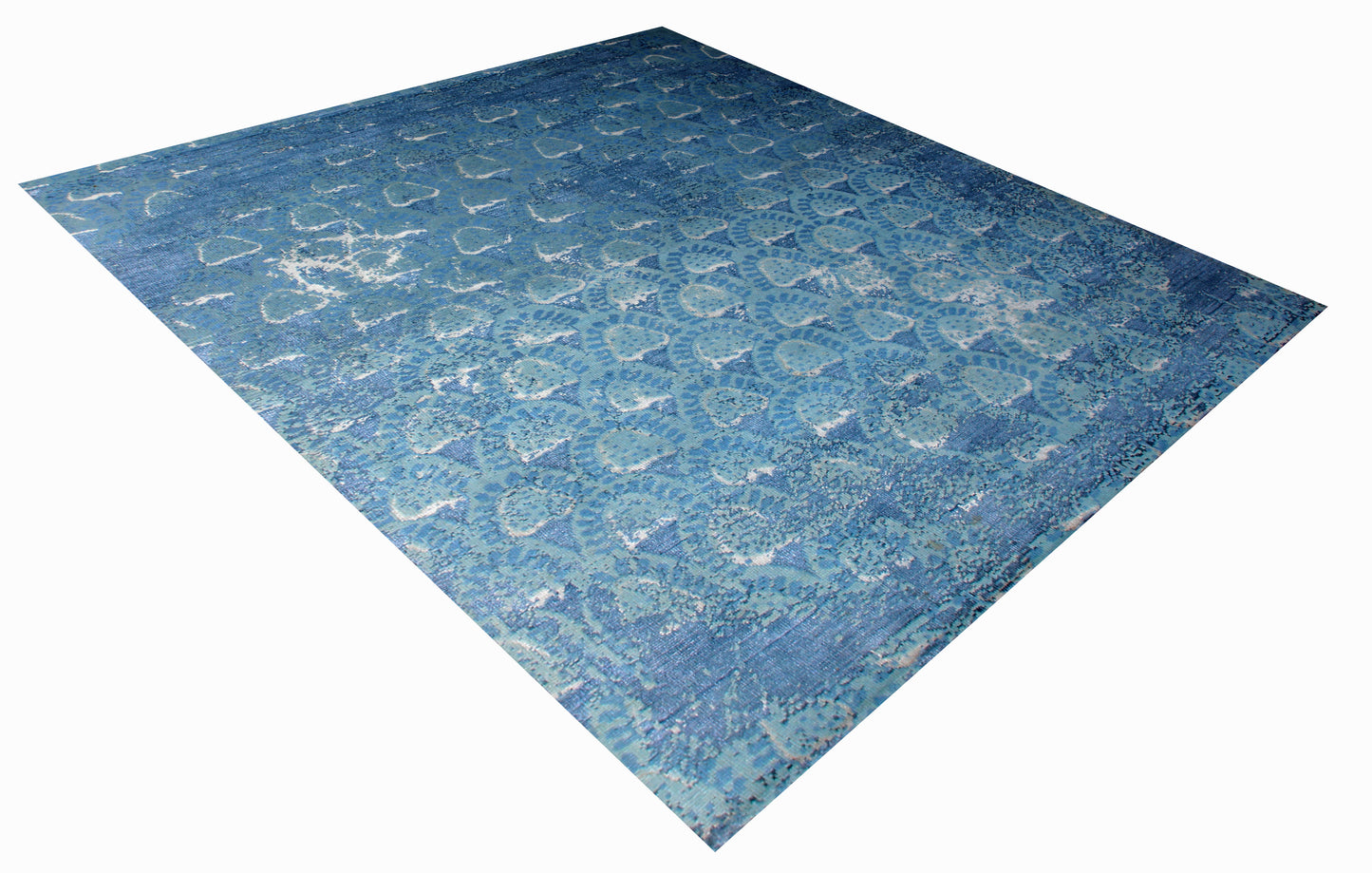 Distressed Abstract Hand Knotted 8x9.6 Wool Viscose Area Rug - Light Blue Navy Grey Vintage Antique