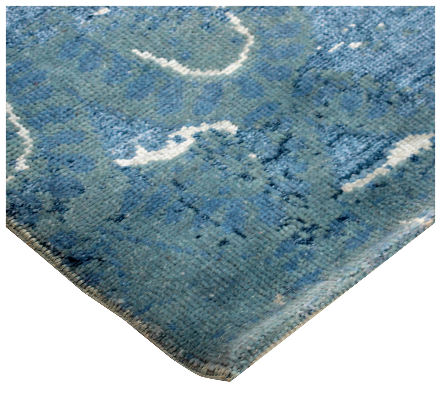 Distressed Abstract Hand Knotted 8x9.6 Wool Viscose Area Rug - Light Blue Navy Grey Vintage Antique