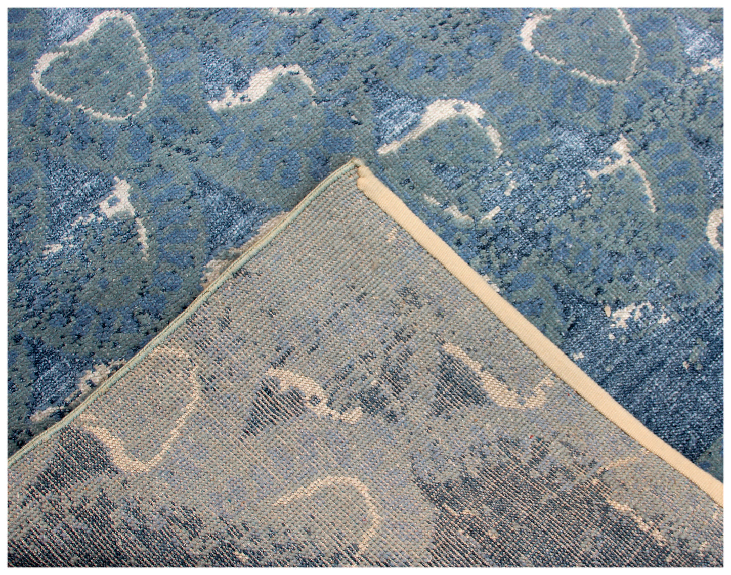 Distressed Abstract Hand Knotted 8x9.6 Wool Viscose Area Rug - Light Blue Navy Grey Vintage Antique