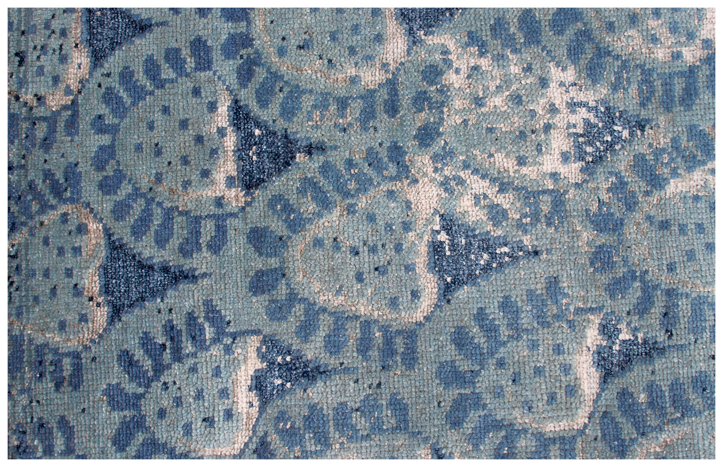 Distressed Abstract Hand Knotted 8x9.6 Wool Viscose Area Rug - Light Blue Navy Grey Vintage Antique