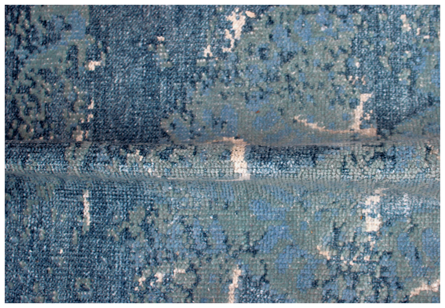 Distressed Abstract Hand Knotted 8x9.6 Wool Viscose Area Rug - Light Blue Navy Grey Vintage Antique