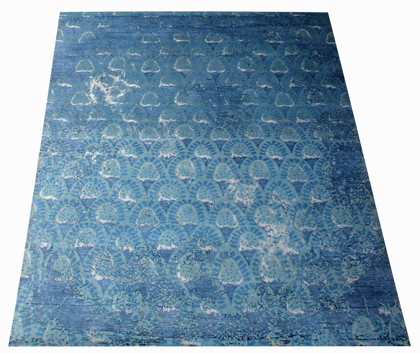 Distressed Abstract Hand Knotted 8x9.6 Wool Viscose Area Rug - Light Blue Navy Grey Vintage Antique