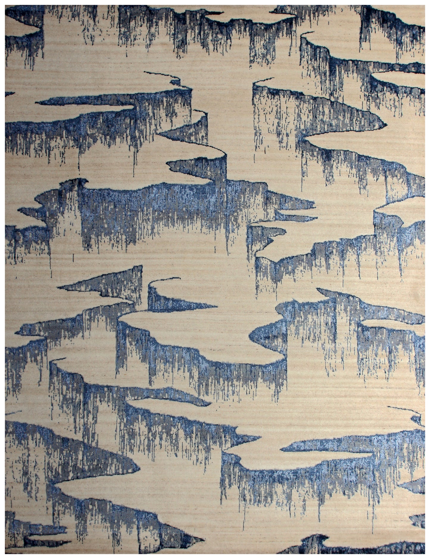 Beige Navy Blue Grey 8x10 Vintage Antique Hand Knotted Wool Viscose Area Rug - Abstract Geometric Distressed