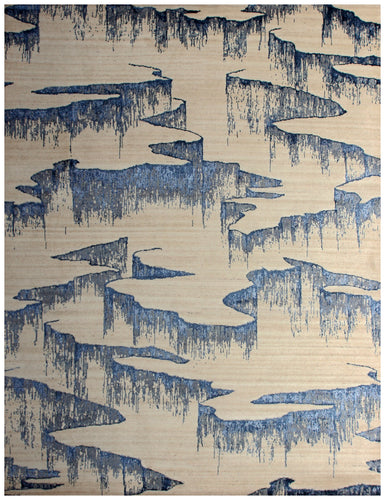 Beige Navy Blue Grey 8x10 Vintage Antique Hand Knotted Wool Viscose Area Rug - Abstract Geometric Distressed