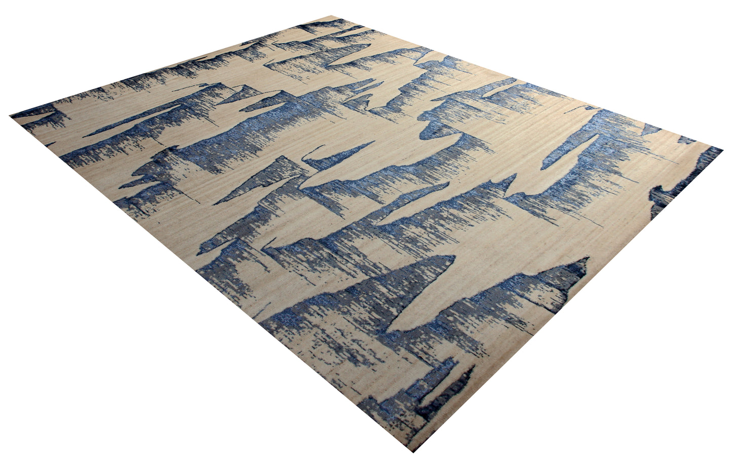 Beige Navy Blue Grey 8x10 Vintage Antique Hand Knotted Wool Viscose Area Rug - Abstract Geometric Distressed