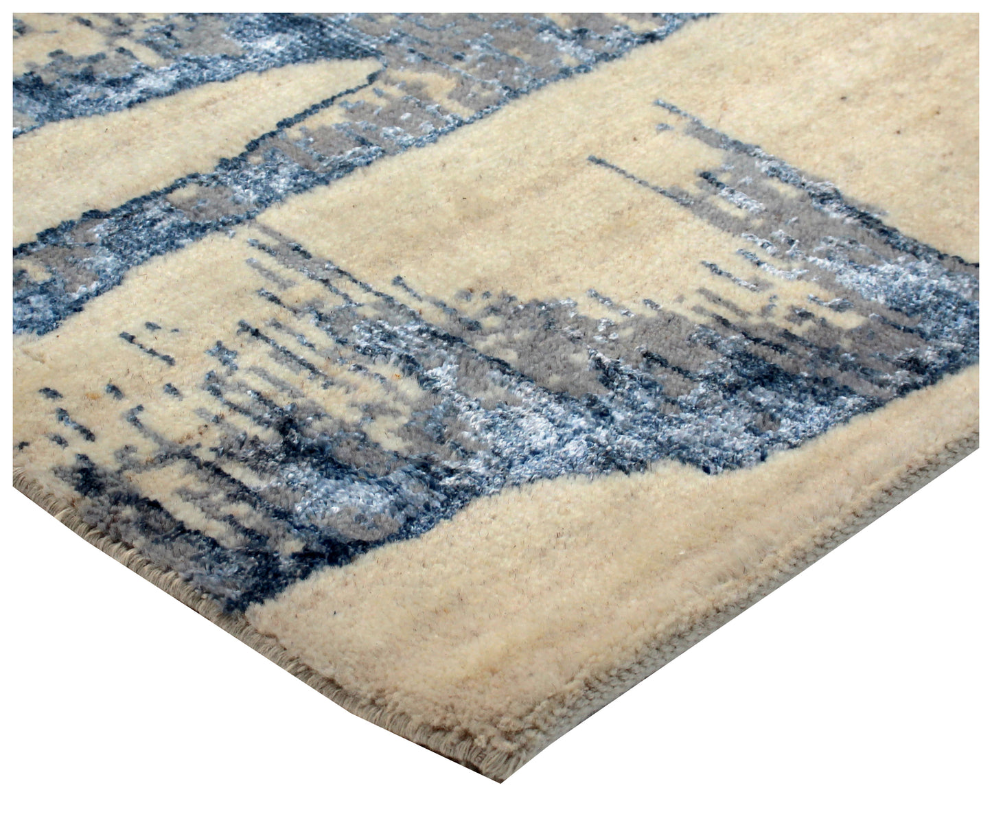 Beige Navy Blue Grey 8x10 Vintage Antique Hand Knotted Wool Viscose Area Rug - Abstract Geometric Distressed