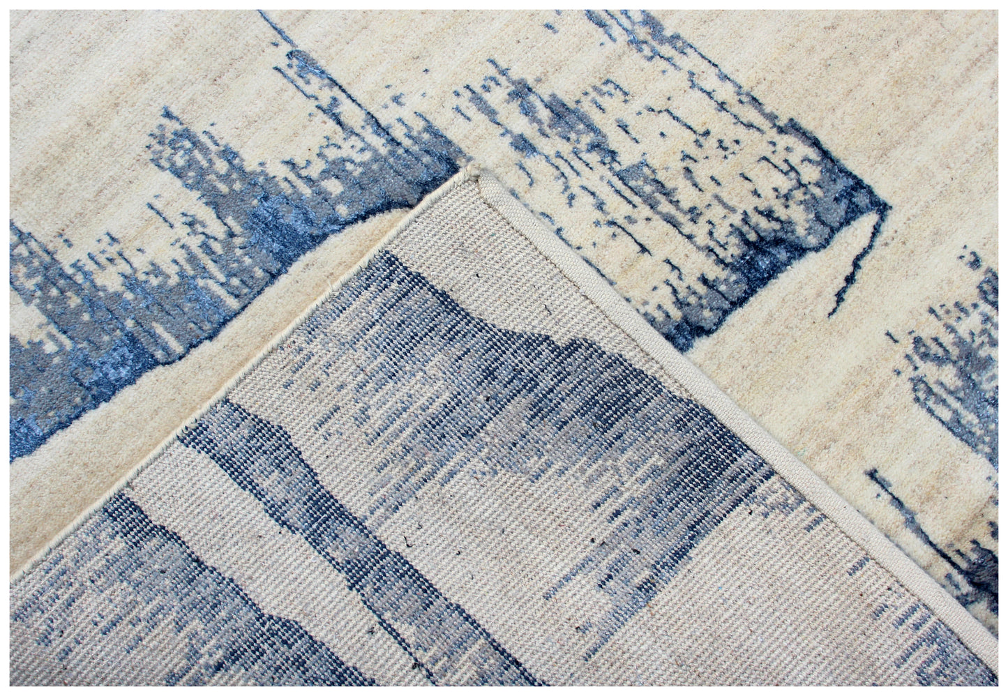 Beige Navy Blue Grey 8x10 Vintage Antique Hand Knotted Wool Viscose Area Rug - Abstract Geometric Distressed