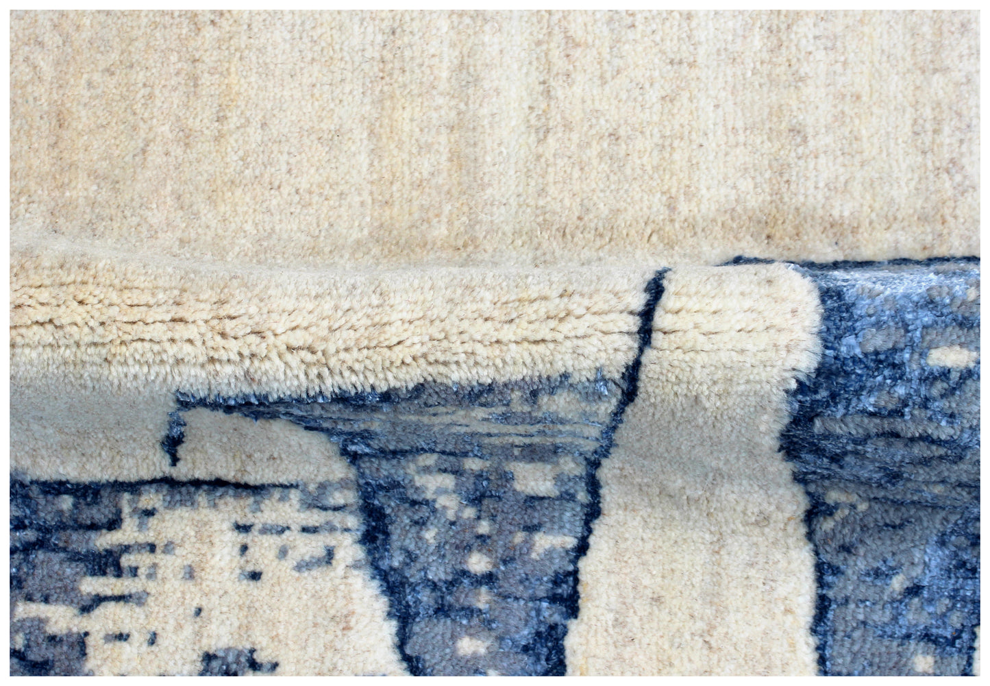 Beige Navy Blue Grey 8x10 Vintage Antique Hand Knotted Wool Viscose Area Rug - Abstract Geometric Distressed