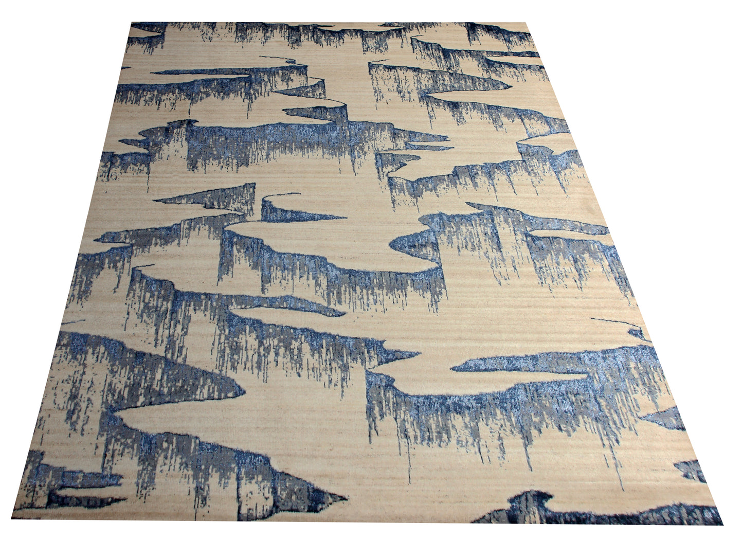 Beige Navy Blue Grey 8x10 Vintage Antique Hand Knotted Wool Viscose Area Rug - Abstract Geometric Distressed