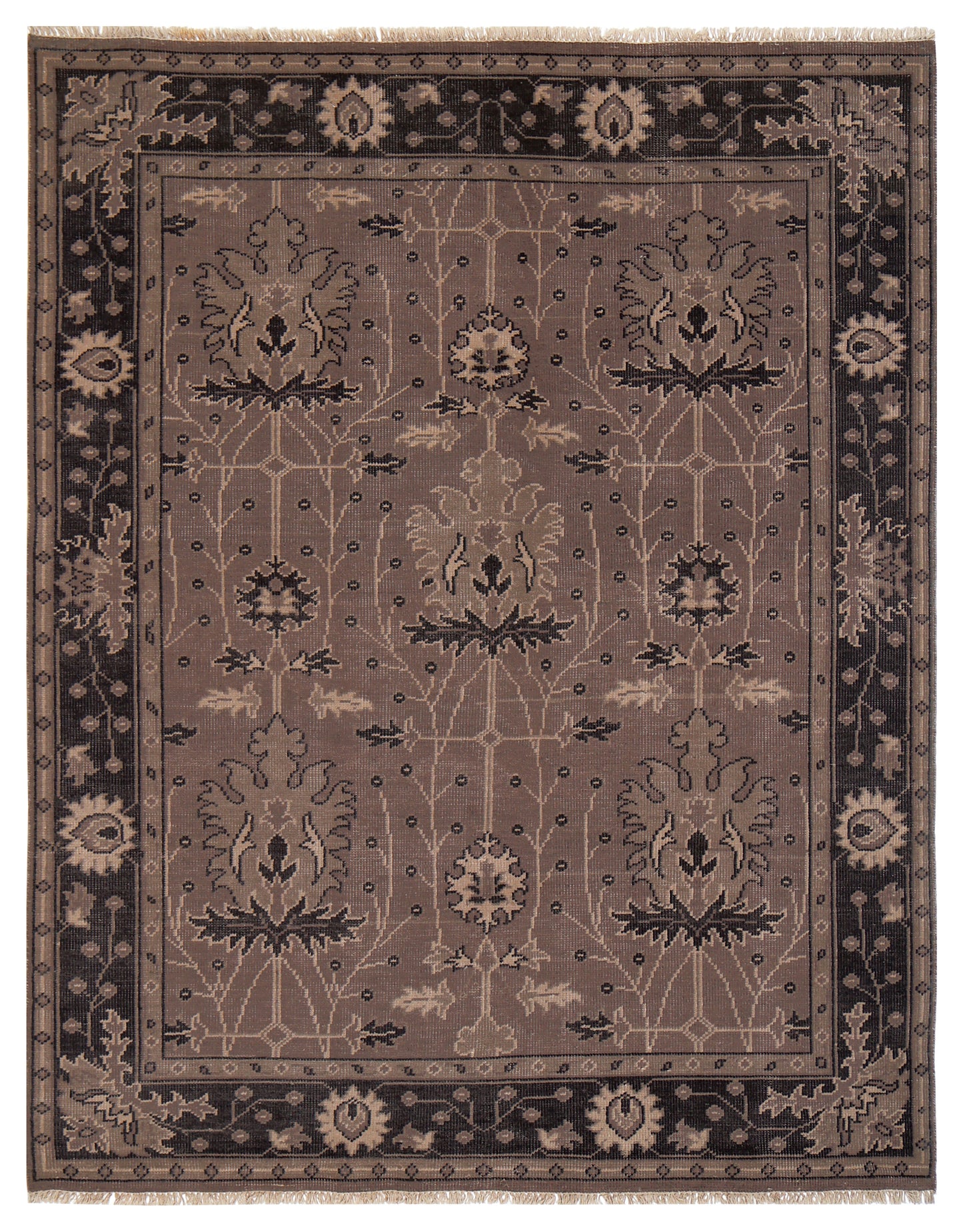 Brown Taupe Oushak Floral Hand Knotted Wool Vintage 8x10 Bhadohi Area Rug