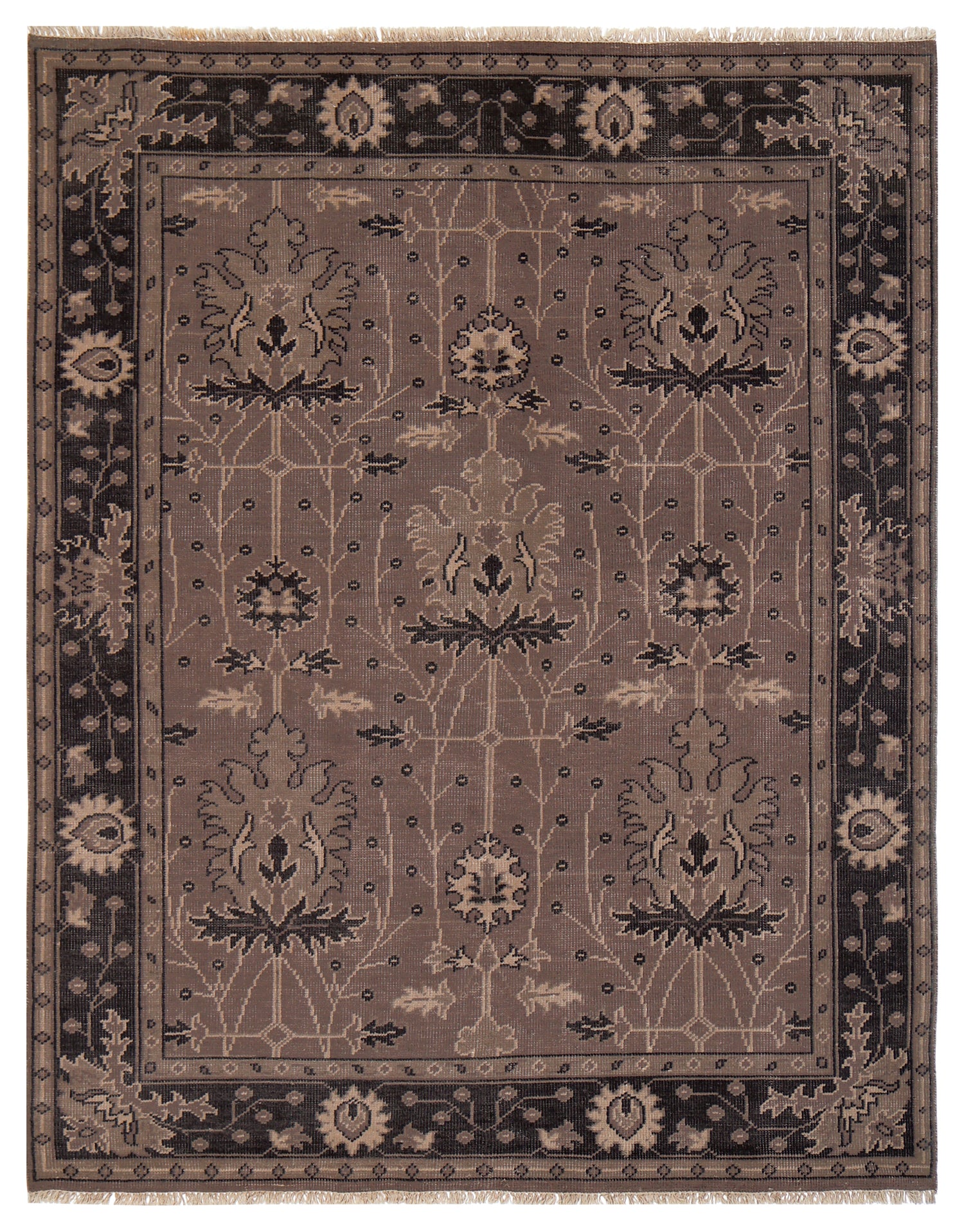 Brown Taupe Oushak Floral Hand Knotted Wool Vintage 8x10 Bhadohi Area Rug