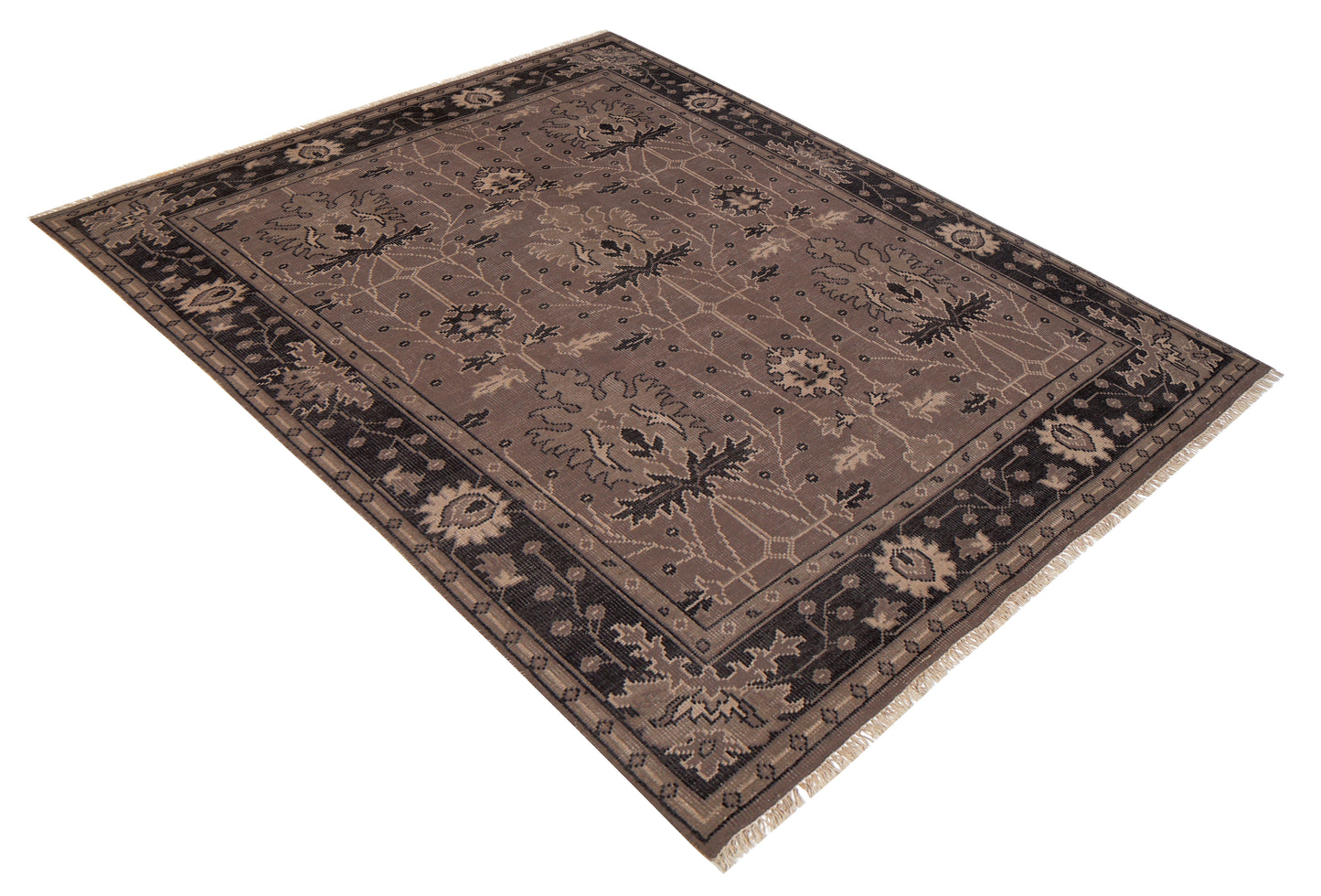 Brown Taupe Oushak Floral Hand Knotted Wool Vintage 8x10 Bhadohi Area Rug