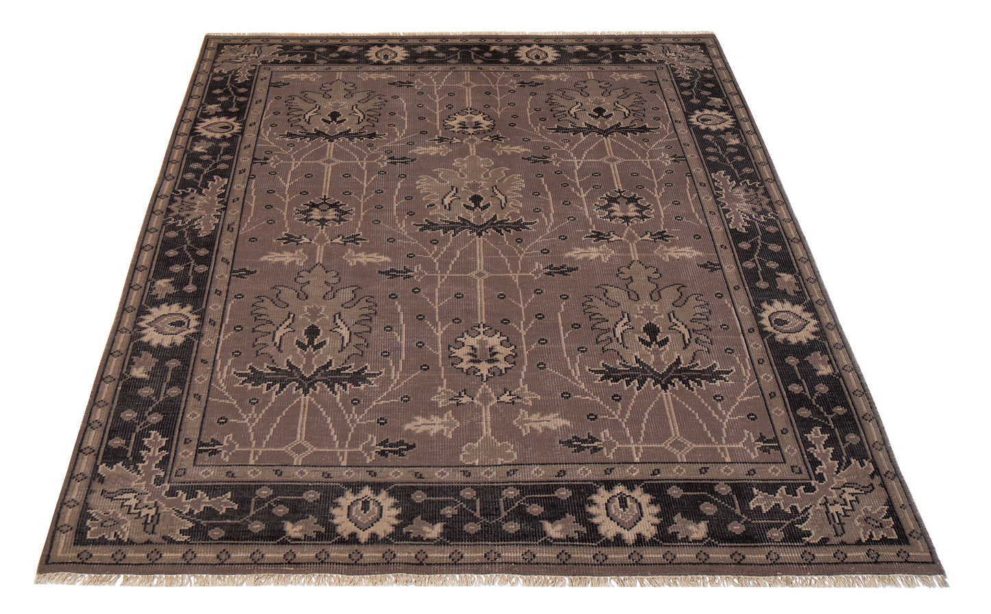 Brown Taupe Oushak Floral Hand Knotted Wool Vintage 8x10 Bhadohi Area Rug