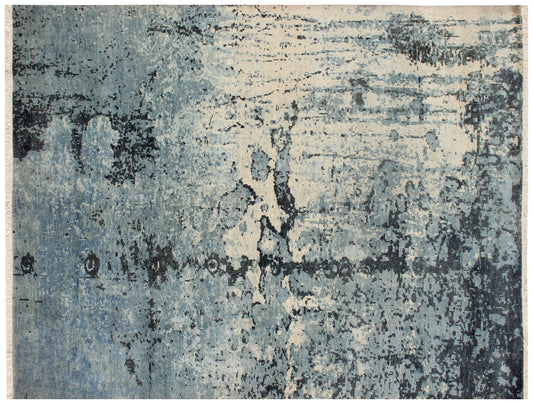 Modern Abstract Blue, Beige and Charcoal Hand Knotted 8x10 Wool Area Rug