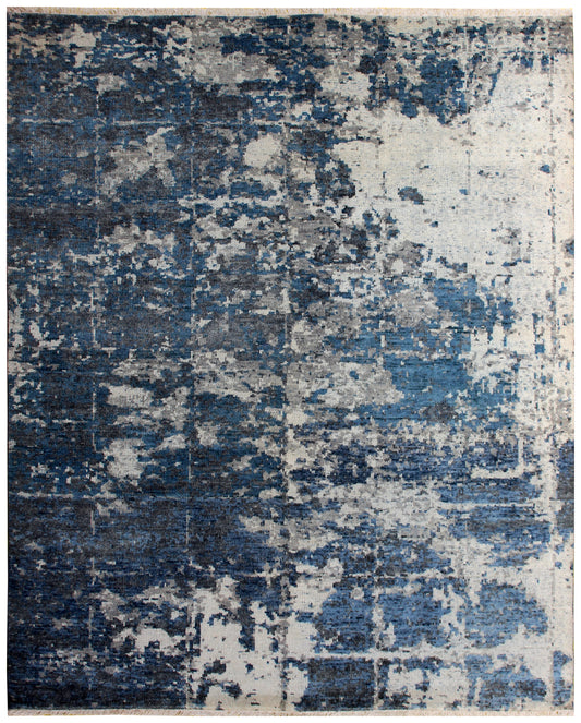 Wool Hand Knotted Rug 8x10 - Navy Blue Beige Modern Abstract Distressed 40 Knots Bhadohi Rugs