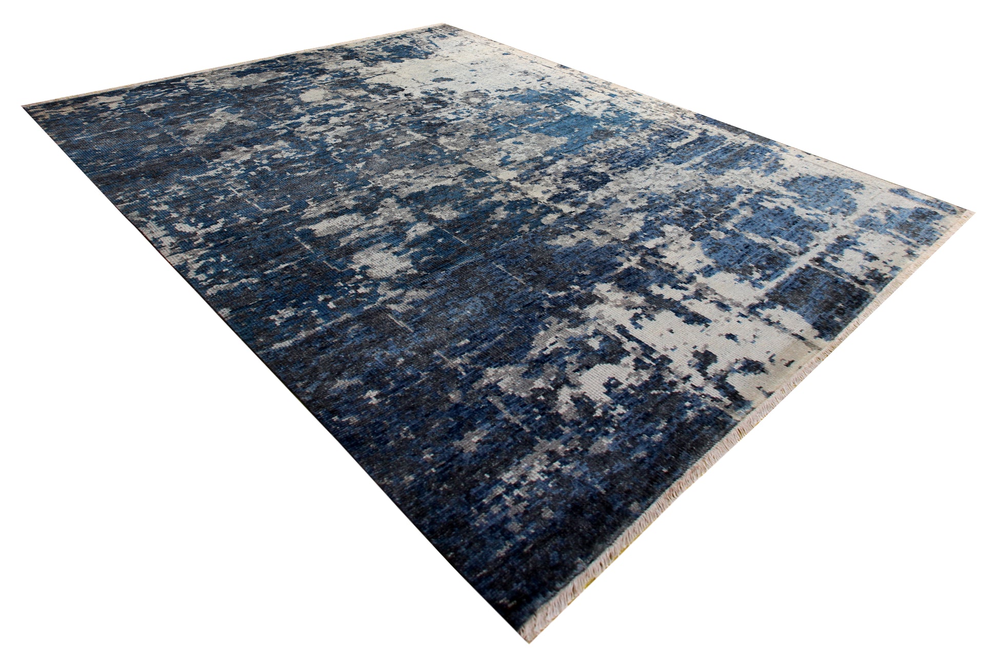 Wool Hand Knotted Rug 8x10 - Navy Blue Beige Modern Abstract Distressed 40 Knots Bhadohi Rugs