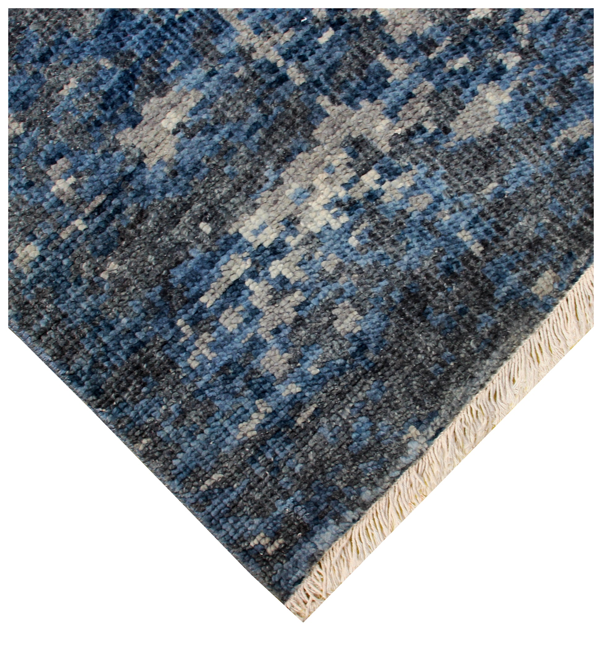 Wool Hand Knotted Rug 8x10 - Navy Blue Beige Modern Abstract Distressed 40 Knots Bhadohi Rugs
