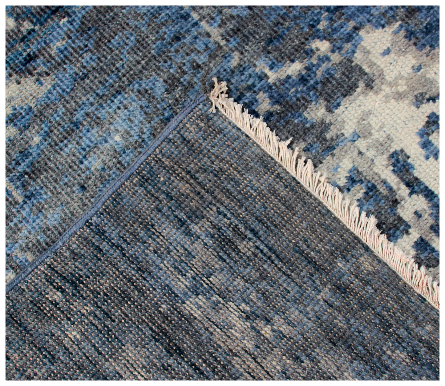 Wool Hand Knotted Rug 8x10 - Navy Blue Beige Modern Abstract Distressed 40 Knots Bhadohi Rugs