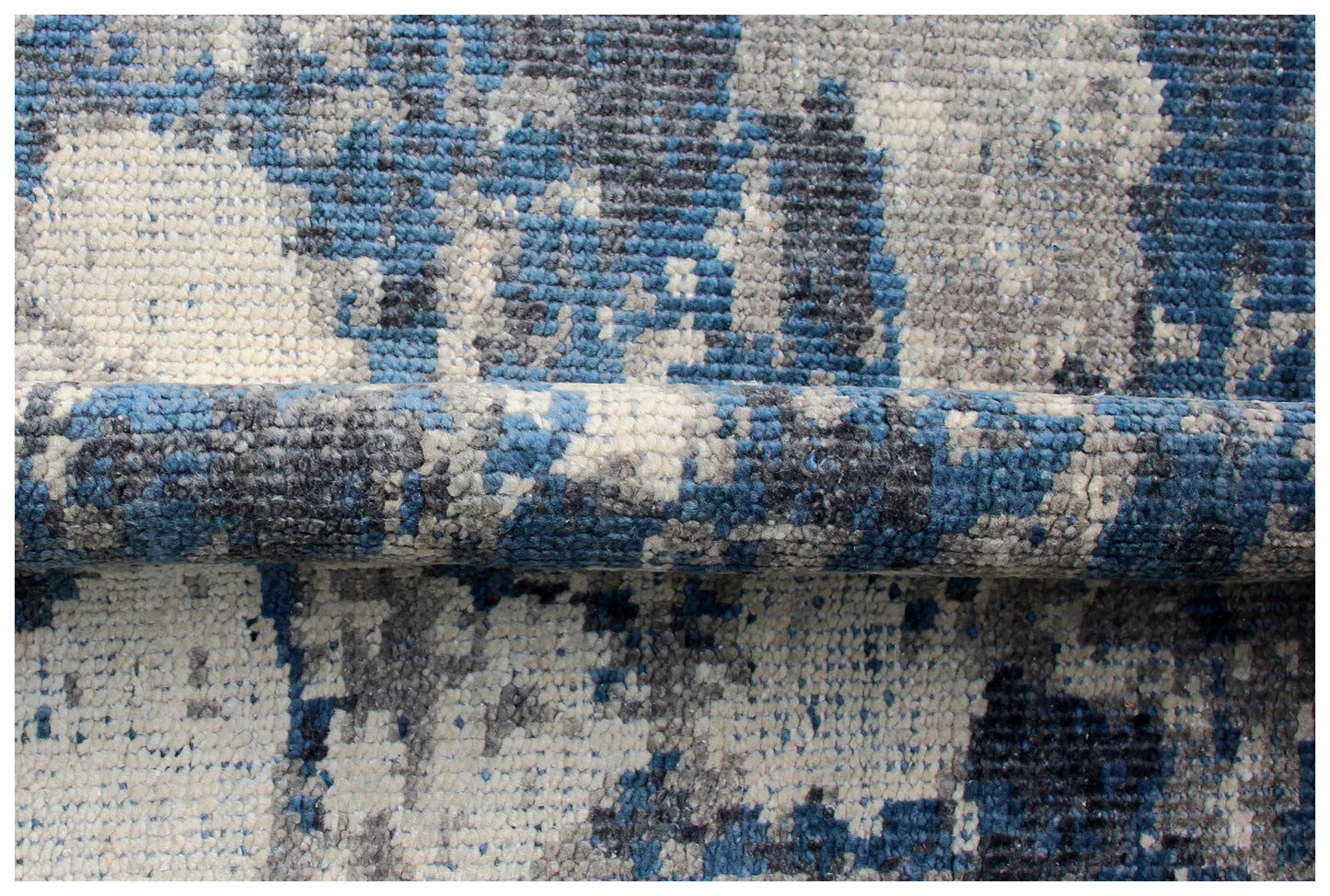 Wool Hand Knotted Rug 8x10 - Navy Blue Beige Modern Abstract Distressed 40 Knots Bhadohi Rugs