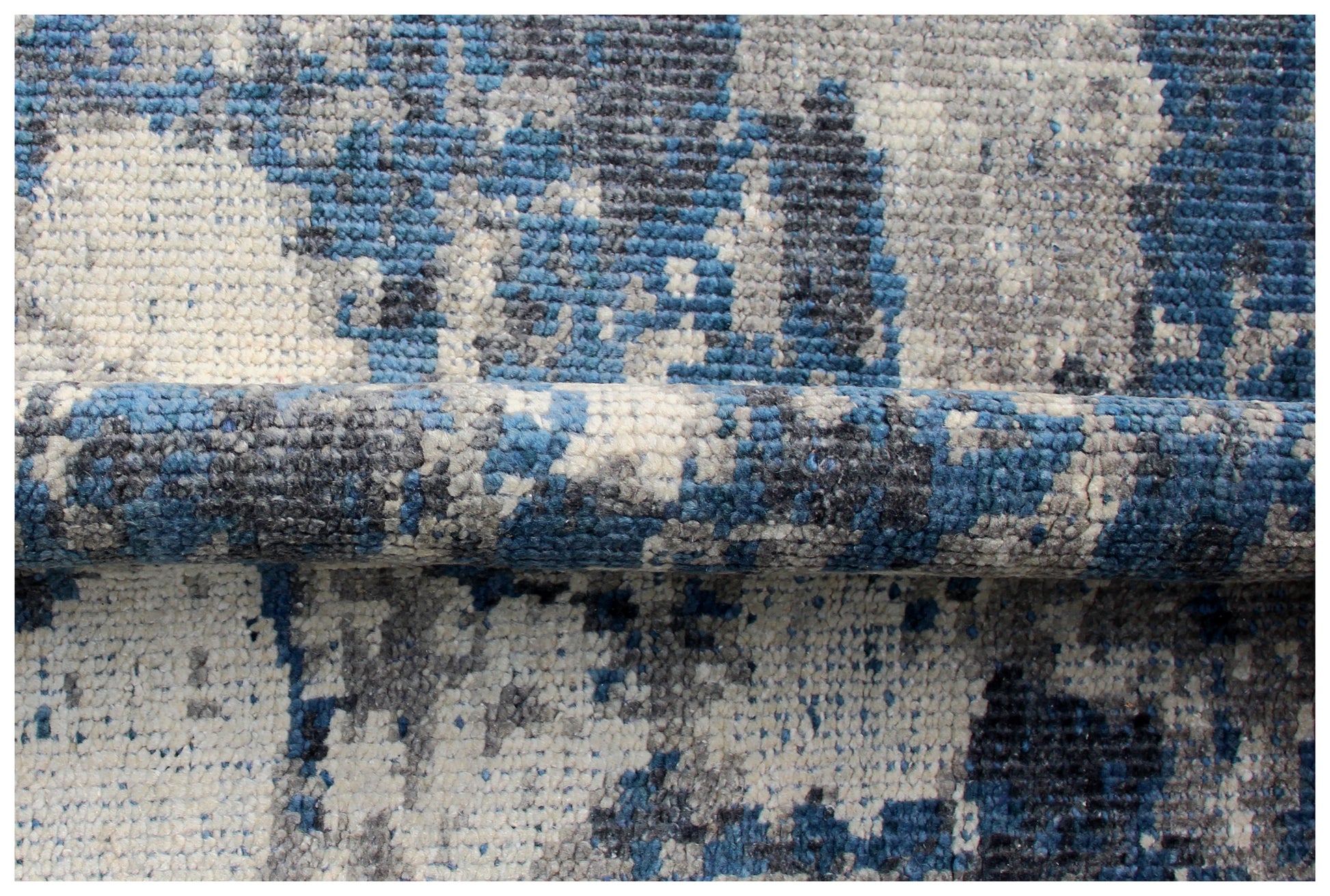 Wool Hand Knotted Rug 8x10 - Navy Blue Beige Modern Abstract Distressed 40 Knots Bhadohi Rugs
