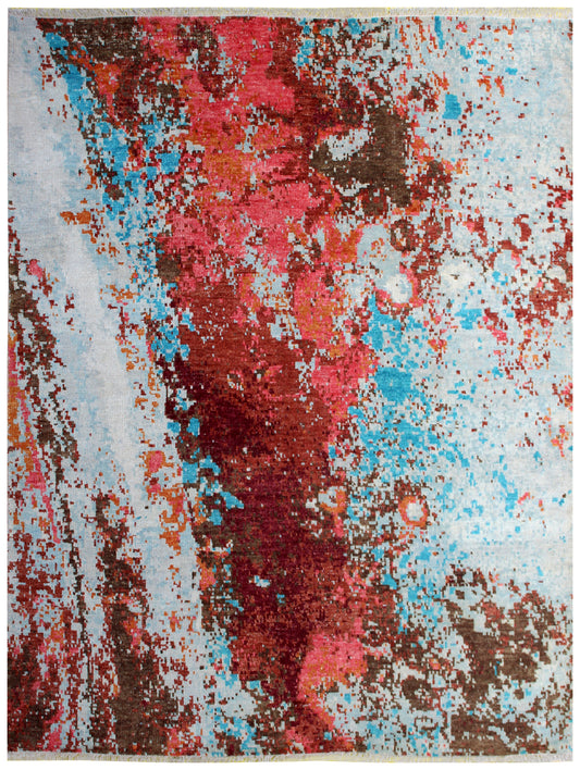 Contemporary Hand Knotted Wool Rug 8x10 - Red Pink Blue Modern Abstract 40 Knots Bhadohi Rugs