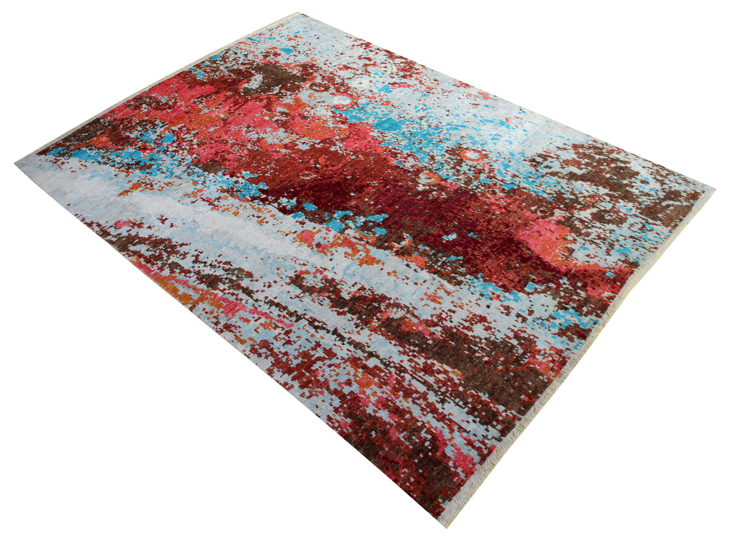 Contemporary Hand Knotted Wool Rug 8x10 - Red Pink Blue Modern Abstract 40 Knots Bhadohi Rugs