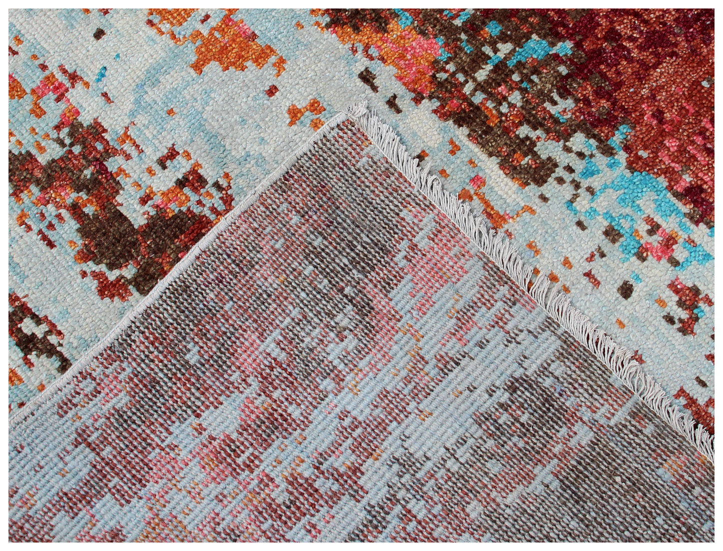 Contemporary Hand Knotted Wool Rug 8x10 - Red Pink Blue Modern Abstract 40 Knots Bhadohi Rugs