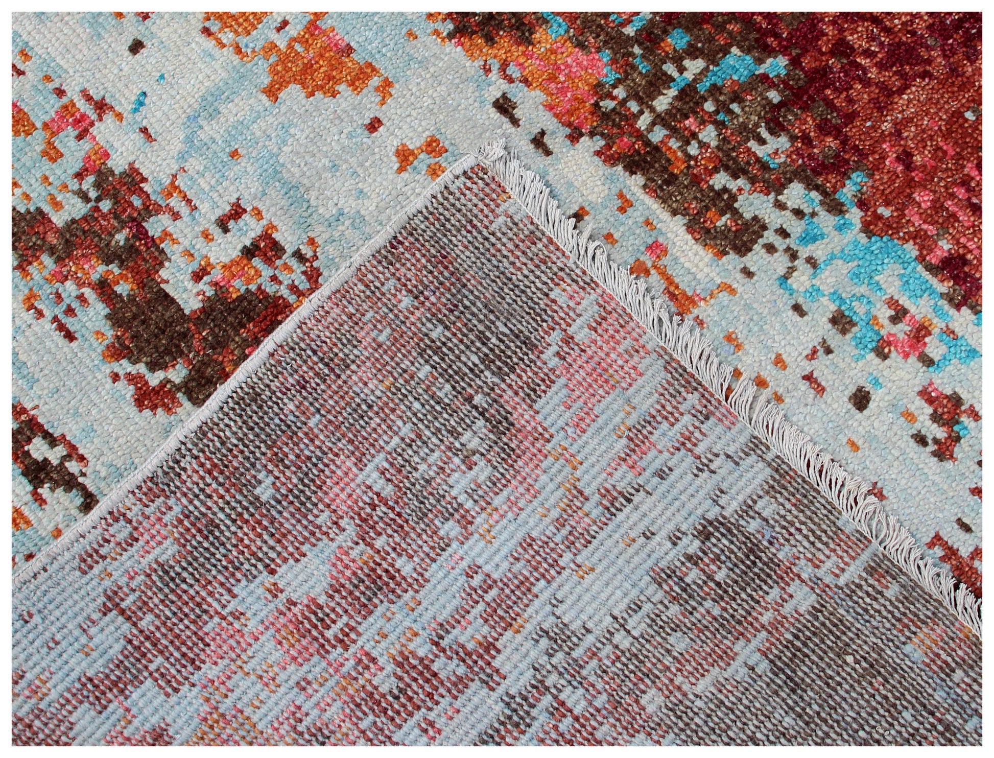Contemporary Hand Knotted Wool Rug 8x10 - Red Pink Blue Modern Abstract 40 Knots Bhadohi Rugs