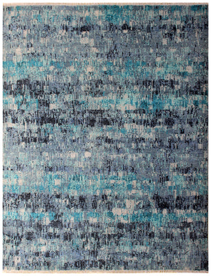 Premium Hand Knotted Wool Rug 8x10 - Teal Grey Modern Abstract 40 KPSI Bhadohi Rugs