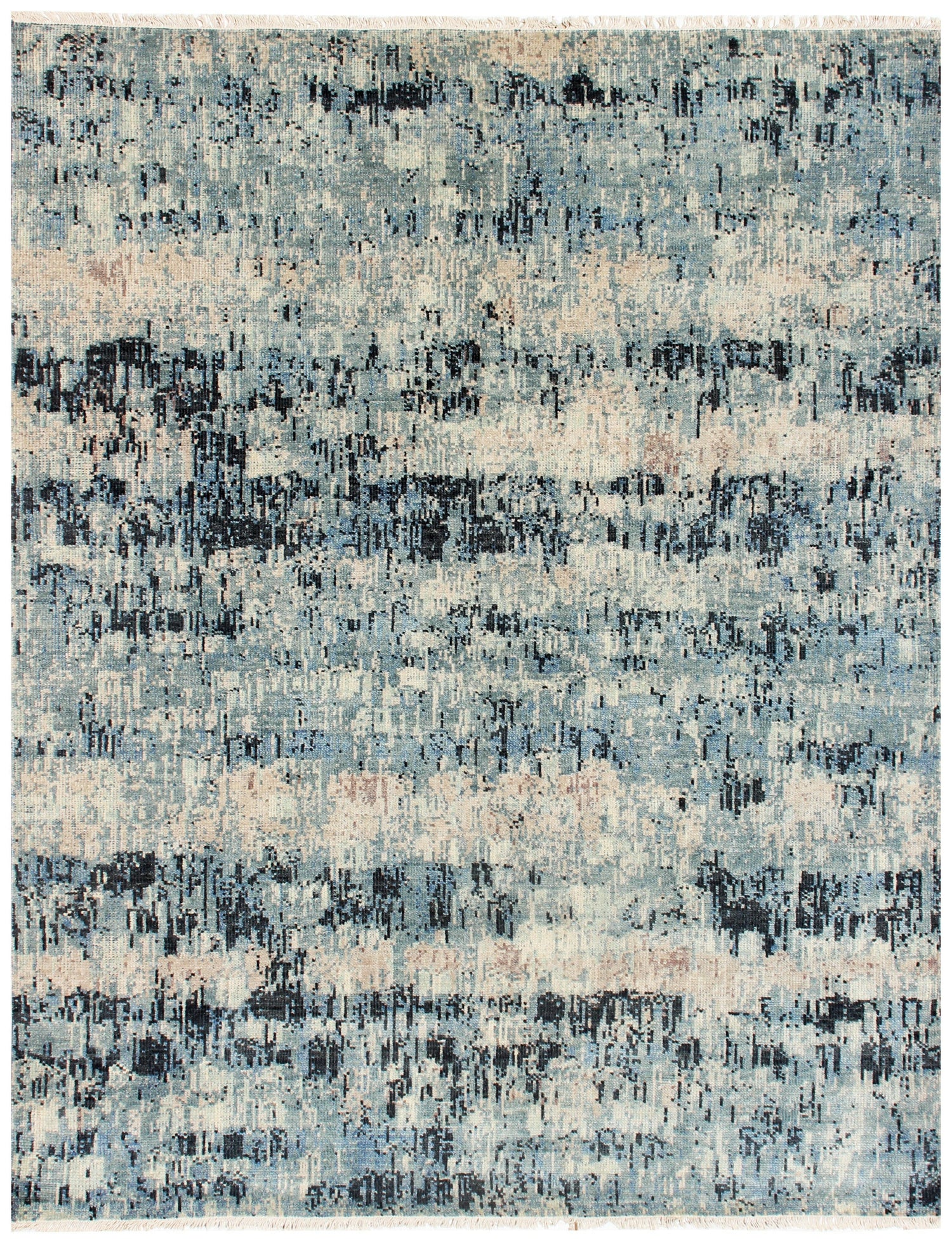 8x9.6 Modern Abstract Blue, Charcoal, Peach & Beige Hand Knotted Wool Rug.