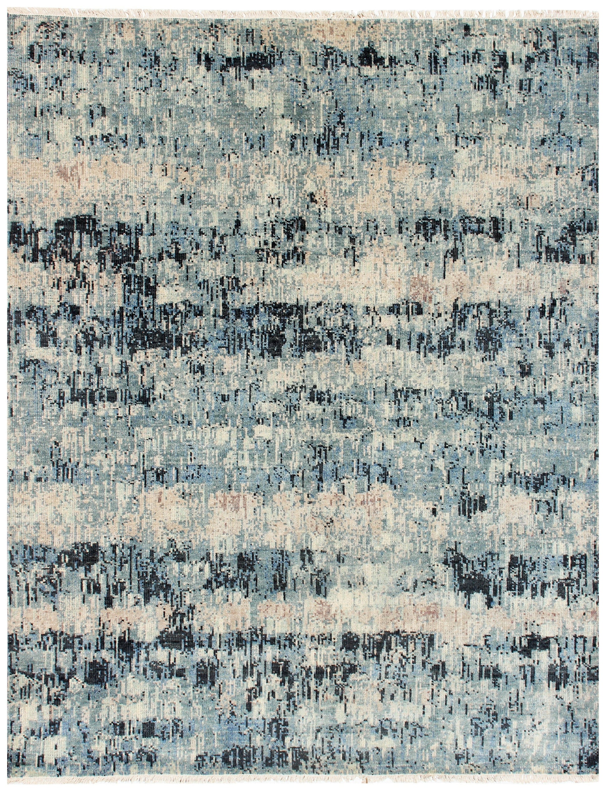 8x9.6 Modern Abstract Blue, Charcoal, Peach & Beige Hand Knotted Wool Rug.