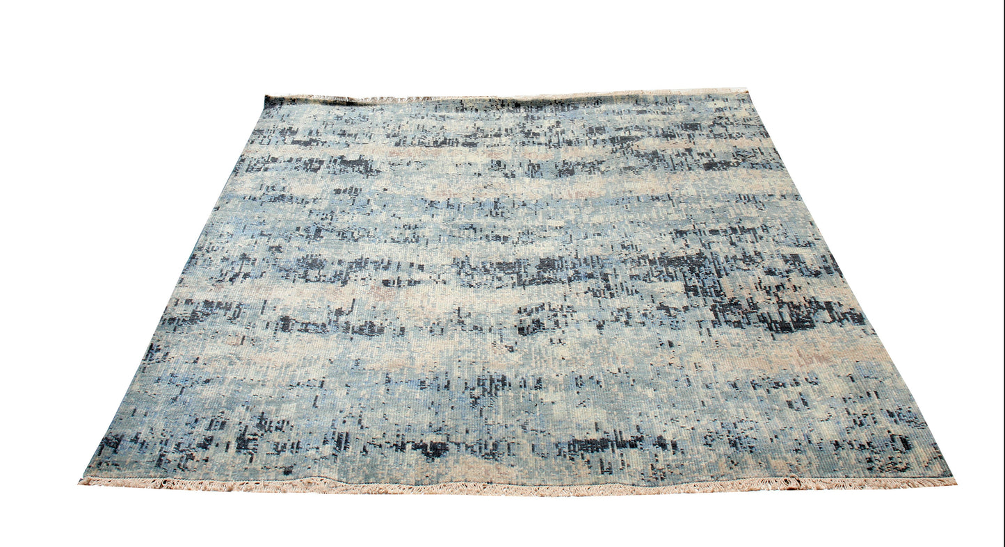 8x9.6 Modern Abstract Blue, Charcoal, Peach & Beige Hand Knotted Wool Rug.