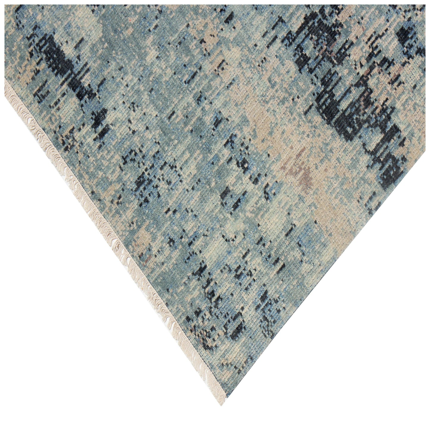 8x9.6 Modern Abstract Blue, Charcoal, Peach & Beige Hand Knotted Wool Rug.
