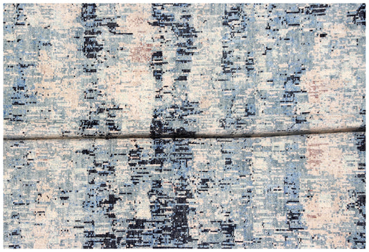 8x9.6 Modern Abstract Blue, Charcoal, Peach & Beige Hand Knotted Wool Rug