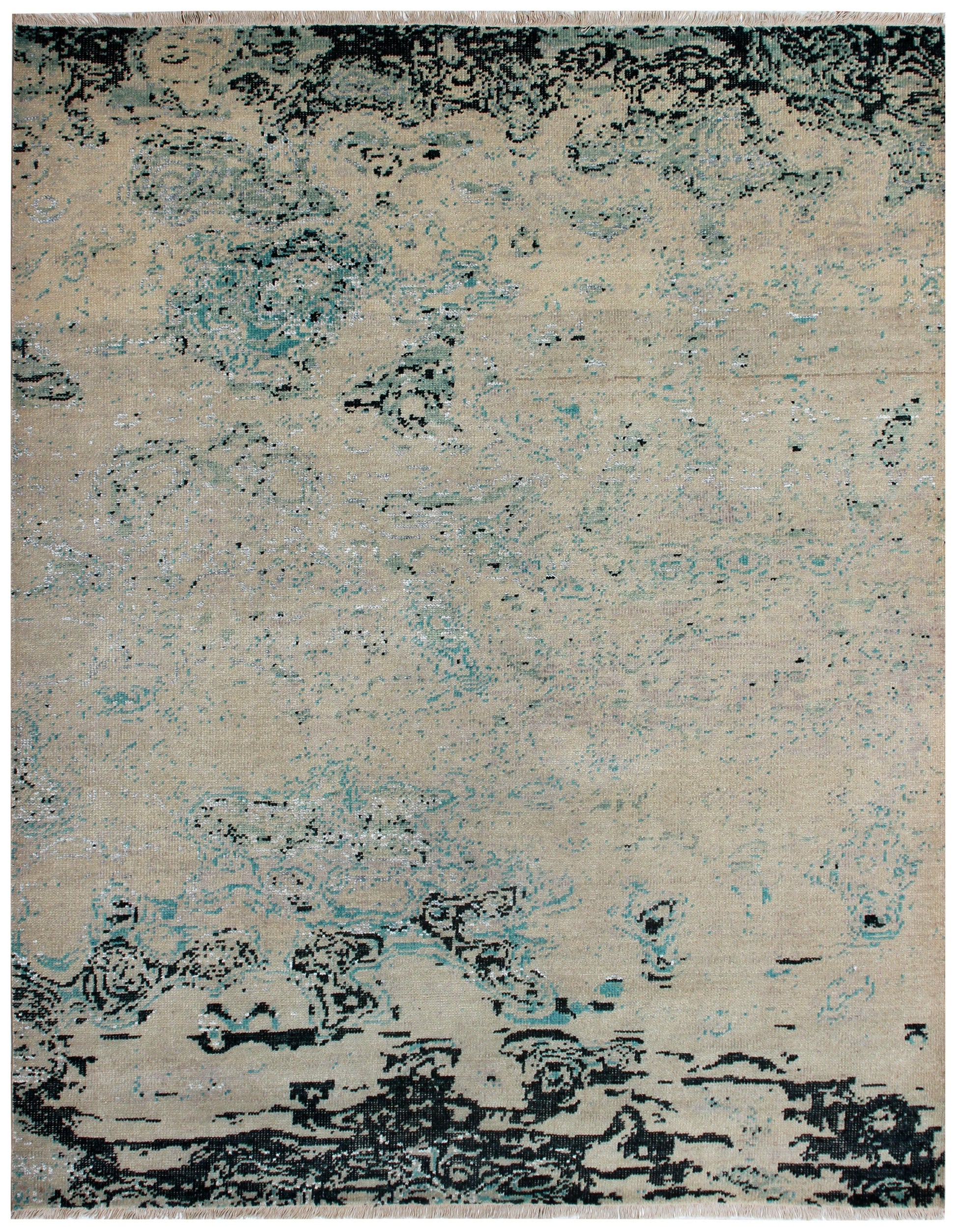 8x10 Modern Abstract Beige Teal Charcoal Hand Knotted Wool Rug.
