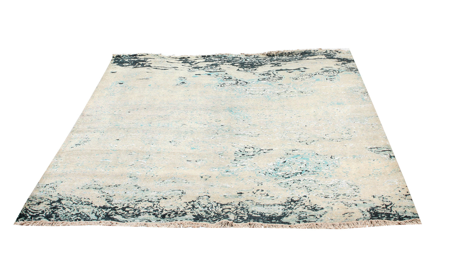 8x10 Modern Abstract Beige Teal Charcoal Hand Knotted Wool Rug.
