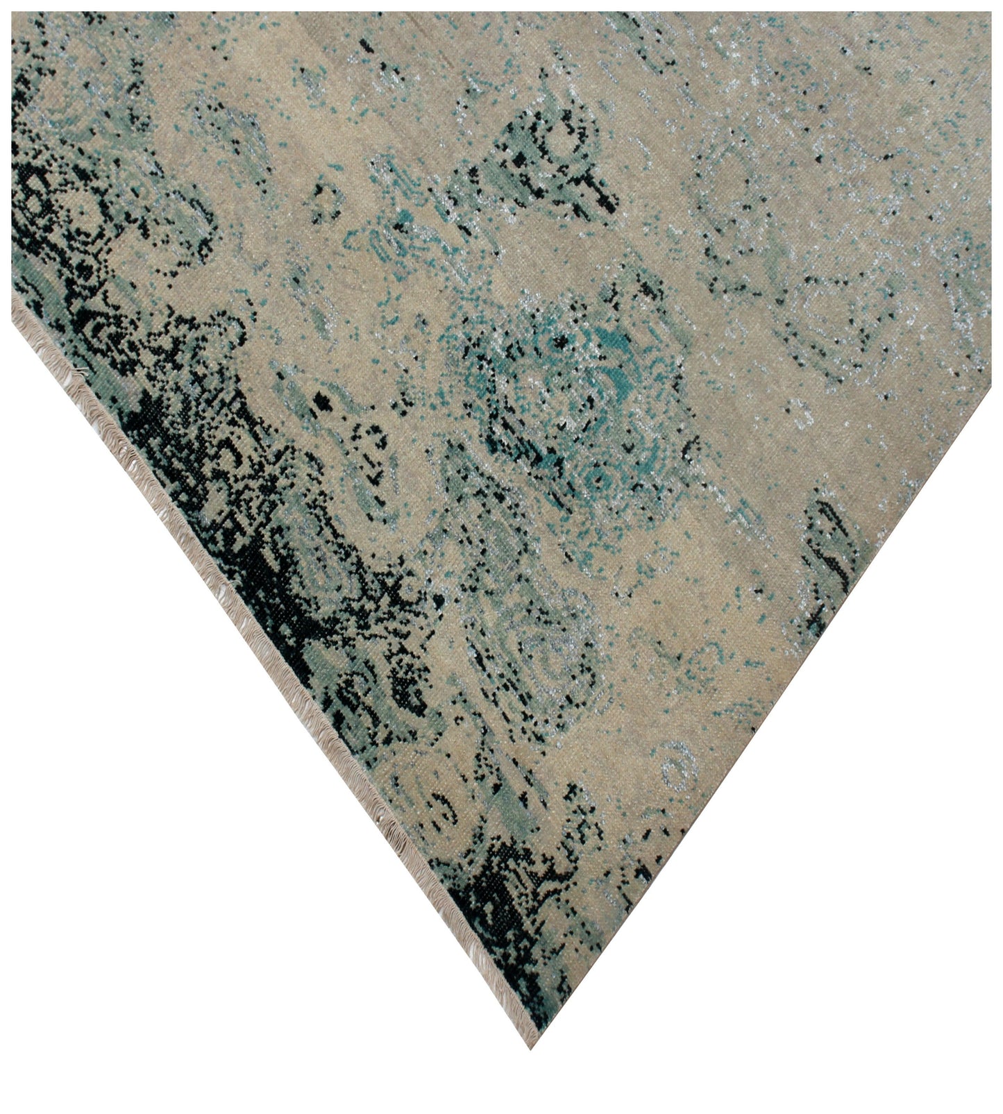 8x10 Modern Abstract Beige Teal Charcoal Hand Knotted Wool Rug.