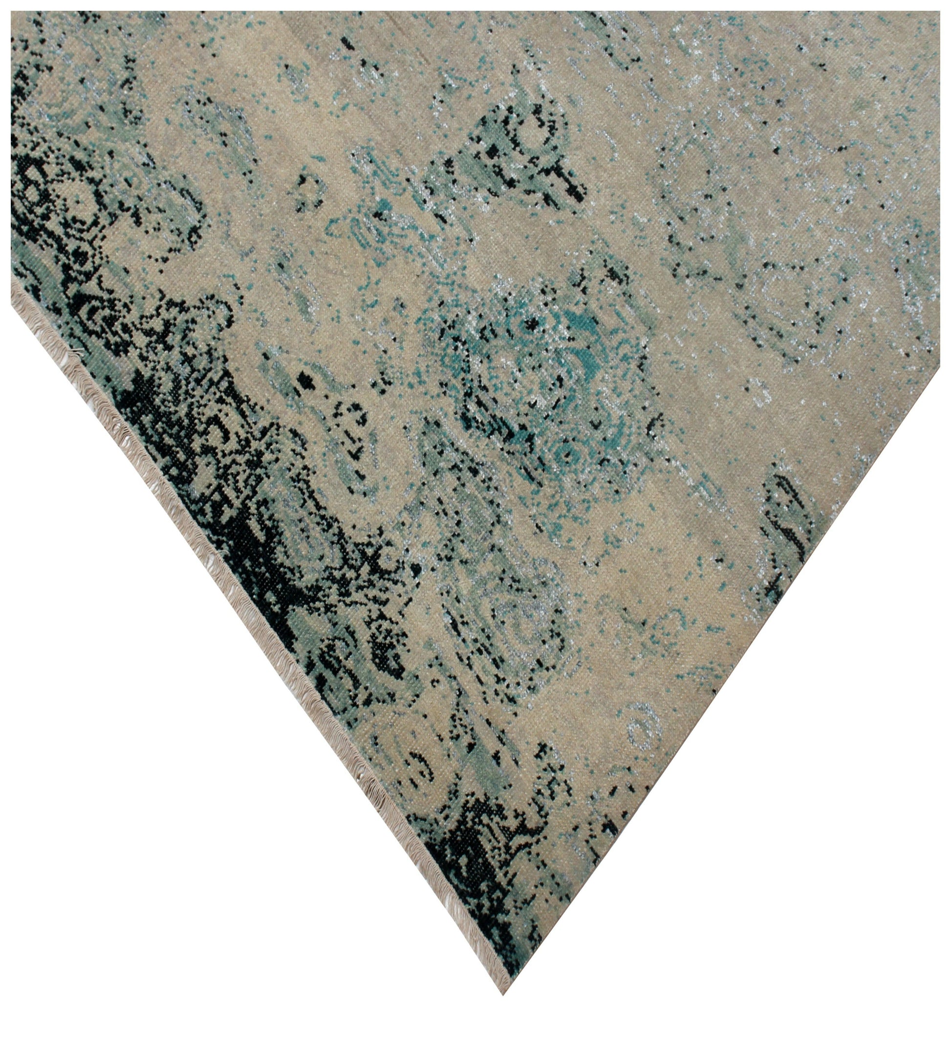 8x10 Modern Abstract Beige Teal Charcoal Hand Knotted Wool Rug.