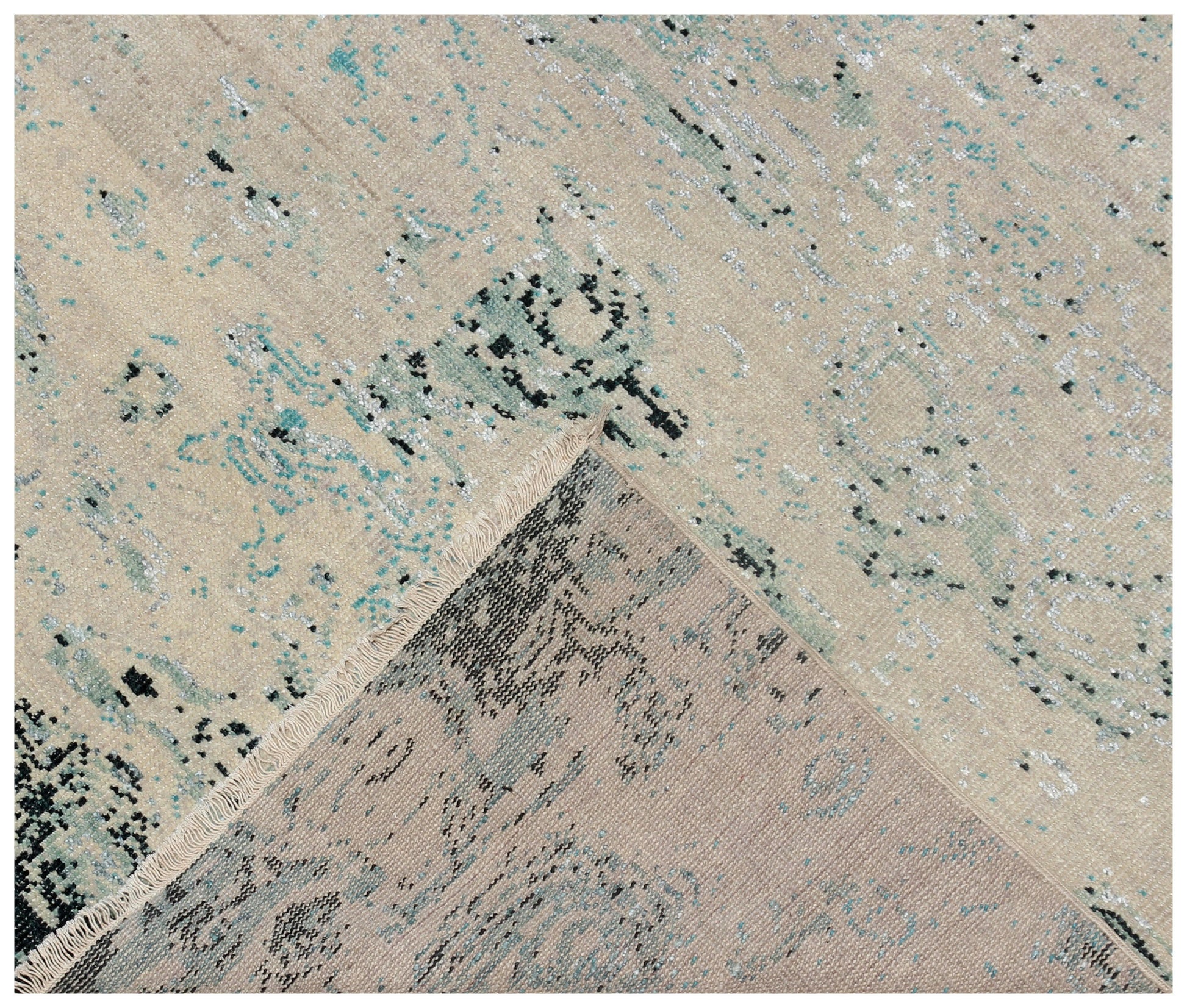 8x10 Modern Abstract Beige Teal Charcoal Hand Knotted Wool Rug.