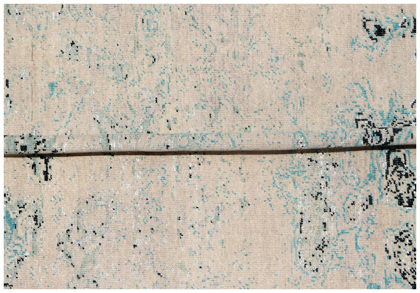 8x10 Modern Abstract Beige Teal Charcoal Hand Knotted Wool Rug.