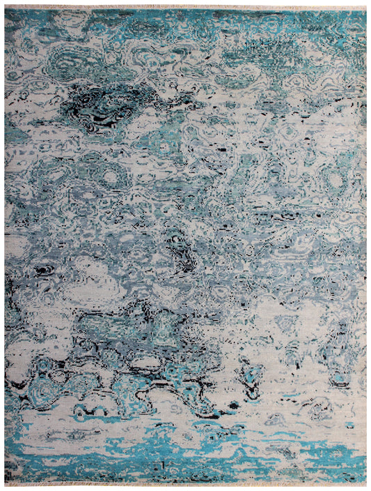 Turquoise Teal Hand Knotted Wool Rug 8x10 - Grey Beige Modern Abstract 40 KPSI Bhadohi Rugs