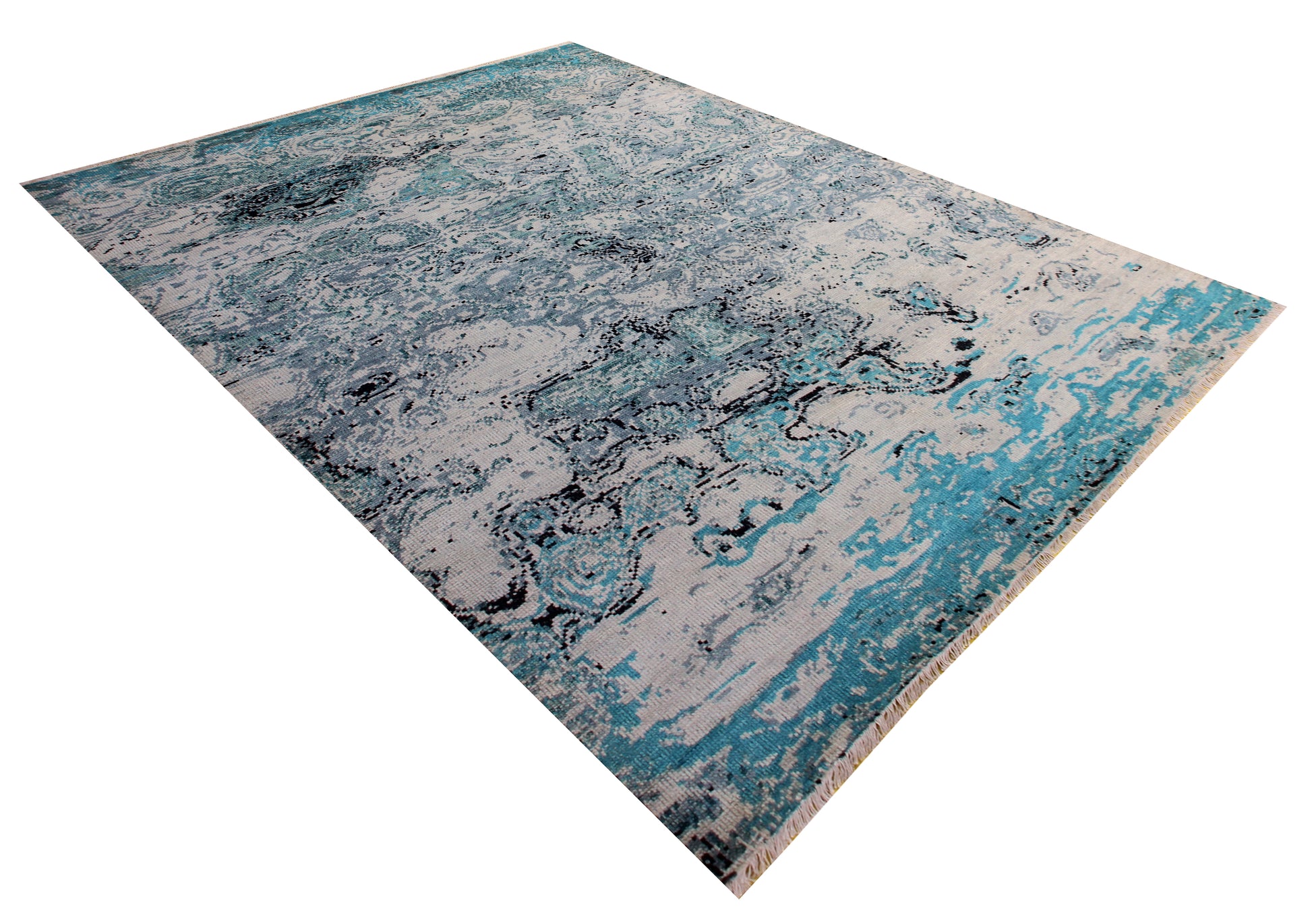 Turquoise Teal Hand Knotted Wool Rug 8x10 - Grey Beige Modern Abstract 40 KPSI Bhadohi Rugs