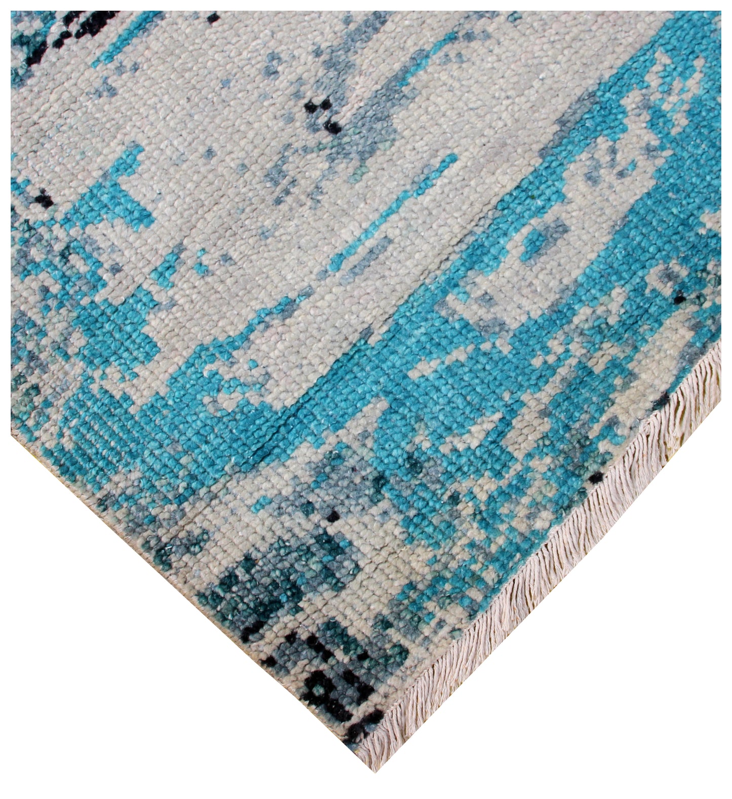Turquoise Teal Hand Knotted Wool Rug 8x10 - Grey Beige Modern Abstract 40 KPSI Bhadohi Rugs